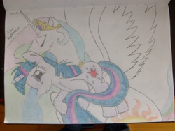 Size: 2816x2112 | Tagged: safe, artist:ponies-of-tdroid, princess celestia, twilight sparkle, alicorn, pony, unicorn, female, high res, mare, messy mane, nightmare, photo, princess molestia, traditional art