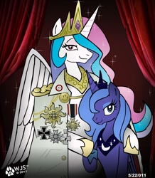 Size: 656x752 | Tagged: safe, artist:wolfjedisamuel, princess celestia, princess luna, alicorn, pony, bust, clothes, duo, duo female, female, german, germany, looking at you, mare, princess, profile, s1 luna, uniform