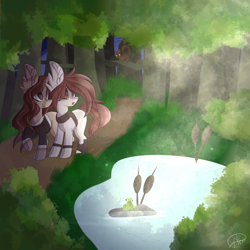 Size: 2048x2048 | Tagged: safe, artist:umiimou, oc, oc only, earth pony, frog, pony, squirrel, clothes, female, forest, high res, lake, mare, reeds, tree