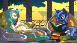 Size: 1920x1080 | Tagged: safe, artist:equestria-prevails, princess celestia, princess luna, alicorn, pony, alcohol, blue-mane celestia, book, cute, dappled sunlight, female, filly, mare, on side, reading, s1 luna, sitting, underhoof, wallpaper, wine, wine glass, woona, younger