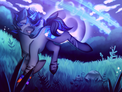 Size: 2391x1799 | Tagged: safe, artist:kurochhi, oc, oc only, oc:comet spear, pony, unicorn, cloud, commission, field, full moon, grass, grass field, lidded eyes, male, moon, night, night sky, open mouth, raised hoof, raised leg, shooting star, smiling, stallion, underhoof