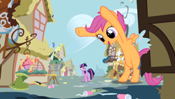 Size: 1366x768 | Tagged: safe, artist:tacky122, scootaloo, twilight sparkle, pony, bipedal, giant pony, giantess, macro, ponyville