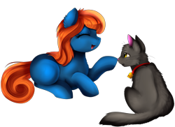 Size: 3509x2550 | Tagged: safe, artist:pridark, oc, oc only, cat, earth pony, pony, blank flank, boop, commission, cute, duo, eyes closed, female, mare, ocbetes, open mouth, raised hoof, simple background, transparent background