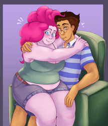 Size: 1015x1178 | Tagged: safe, artist:cottoncloudy, pinkie pie, oc, oc:copper plume, human, equestria girls, bbw, blushing, breasts, canon x oc, chair, chubbie pie, chubby, cleavage, clothes, commission, commissioner:imperfectxiii, copperpie, fat, female, glasses, hug, looking at you, male, muffin top, pudgy pie, shipping, shirt, shorts, sitting on lap, sitting on person, smiling, straight, thighs, thunder thighs