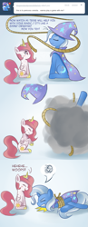 Size: 667x1722 | Tagged: safe, princess celestia, trixie, alicorn, pony, unicorn, ask gamer luna, cewestia, comic, dialogue, duo, duo female, female, filly, mare, rope, sitting, tied up, younger