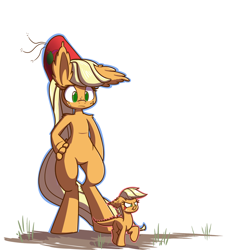 Size: 1280x1280 | Tagged: safe, artist:heir-of-rick, applejack, anthro, monster pony, original species, pony, tatzlpony, unguligrade anthro, daily apple pony, anthro ponidox, anthro with ponies, fez, floppy ears, giant anthro, giant pony, hat, impossibly large ears, macro, self ponidox, size difference, species swap, tatzljack