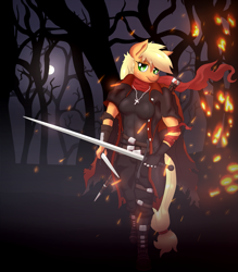 Size: 2625x3000 | Tagged: safe, artist:smokedpone, applejack, anthro, abs, clothes, cross, dagger, fire, full moon, looking at you, moon, muscles, night, solo, sword, tree, vampire hunter, weapon