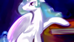 Size: 1024x576 | Tagged: safe, artist:buttercupsaiyan, princess celestia, alicorn, pony, abstract background, book, concerned, female, floppy ears, frown, mare, princess, solo