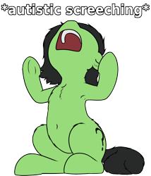 Size: 1387x1617 | Tagged: safe, artist:smoldix, oc, oc only, oc:anon filly, earth pony, pony, armpits, autistic screeching, chest fluff, descriptive noise, female, filly, meme, open mouth, simple background, solo, transparent background, underhoof