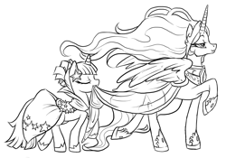 Size: 1385x969 | Tagged: safe, artist:buttercupsaiyan, princess celestia, twilight sparkle, alicorn, pony, unicorn, clothes, dress, duo, duo female, eyes closed, female, gala dress, mare, monochrome, mouth hold, walking