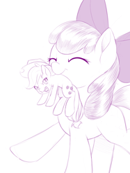 Size: 746x1000 | Tagged: safe, artist:dstears, apple bloom, applejack, earth pony, pony, angry, appletini, eyes closed, micro, monochrome, mouth hold, scruff, smiling