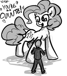 Size: 1280x1460 | Tagged: safe, artist:nobody, pinkie pie, oc, oc:anon, human, dialogue, macro, monochrome, sketch