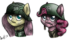 Size: 2345x1300 | Tagged: safe, artist:facelesssoles, fluttershy, pinkie pie, earth pony, pegasus, pony, bust, cigarette, clothes, dirty, helmet, nazi germany, portrait, signature, simple background, transparent background, uniform, us army, waffen-ss, world war ii