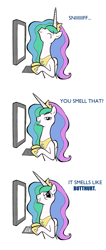 Size: 800x1882 | Tagged: safe, artist:willdrawforfood1, color edit, edit, princess celestia, alicorn, pony, butthurt, comic, computer, eyes closed, female, glare, grin, keyboard, lidded eyes, looking at you, mare, open mouth, reaction image, smelling, smirk, smug, solo, trollestia