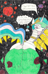 Size: 720x1110 | Tagged: safe, artist:eternaljonathan, princess celestia, princess luna, alicorn, pony, robot, robot pony, comedy, cyber pony, giantess, giantlestia, humor, macro, science fiction, traditional art