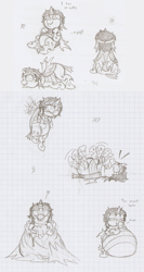 Size: 887x1663 | Tagged: safe, artist:ravenpuff, oc, oc only, oc:puffy, changeling, burp, changeling oc, changeling overfeeding, chibi, chubby, cocoon, fat, female, flailing, flying, freckles, goggles, graph paper, grayscale, heart, monochrome, on back, speech, traditional art