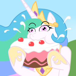 Size: 600x600 | Tagged: safe, artist:khorme, princess celestia, alicorn, pony, cake, cakelestia, eating, female, food, mare, nom, solo, the simpsons