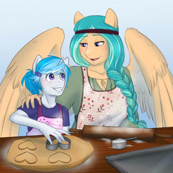 Size: 3000x3000 | Tagged: safe, artist:askbubblelee, oc, oc only, oc:bubble lee, oc:willow breeze, anthro, pegasus, unicorn, anthro oc, apron, clothes, cookie cutter, cookie dough, cute, duo, duo female, family, female, flour, freckles, grandmother and grandchild, large wings, lidded eyes, mare, smiling, story in the source, story included, wings, younger