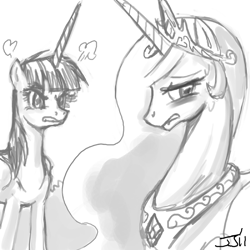 Size: 900x900 | Tagged: safe, artist:johnjoseco, princess celestia, oc, oc:fausticorn, alicorn, pony, alicorn oc, blushing, duo, duo female, female, glare, grayscale, lauren faust, mare, monochrome