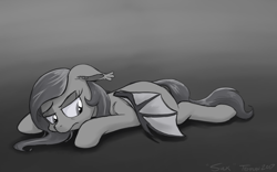 Size: 1000x625 | Tagged: safe, artist:tehflah, oc, oc only, oc:wicked ways, bat pony, pony, floppy ears, frown, grayscale, monochrome, prone, solo