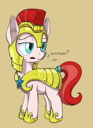 Size: 660x900 | Tagged: safe, artist:tehflah, oc, oc only, earth pony, pony, armor, colored pupils, dialogue, ear fluff, guardsmare, helmet, horseshoes, raised eyebrow, royal guard, solo