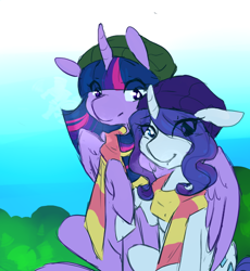 Size: 550x599 | Tagged: safe, artist:braindead, rarity, twilight sparkle, twilight sparkle (alicorn), alicorn, pony, unicorn, beanie, beret, clothes, female, hat, holding hooves, hug, lesbian, rarilight, scarf, shared clothing, shared scarf, shipping, sitting, smiling, winghug