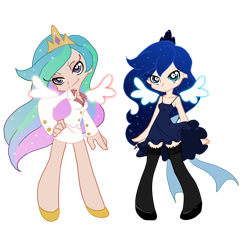 Size: 938x862 | Tagged: safe, artist:the-orator, princess celestia, princess luna, human, crossover, duo, duo female, female, humanized, panty and stocking with garterbelt, simple background, style emulation, transparent background, winged humanization, wings