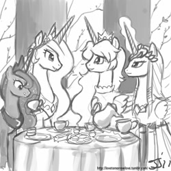 Size: 800x800 | Tagged: safe, artist:johnjoseco, princess celestia, princess luna, alicorn, pony, female, grayscale, mare, mario, monochrome, nintendo, ponified, princess peach, princess zelda, super mario bros., tea, tea party, the legend of zelda