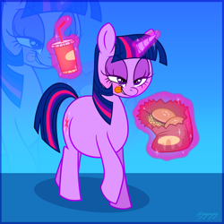 Size: 3000x3000 | Tagged: safe, artist:jay-onjey, artist:metalface069, twilight sparkle, unicorn twilight, pony, unicorn, bedroom eyes, burger, fat, food, hay burger, levitation, magic, paper bag, soda, telekinesis, tongue out, twilard sparkle, twilight burgkle, ych result, zoom layer