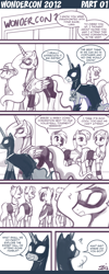 Size: 600x1500 | Tagged: safe, artist:johnjoseco, princess celestia, princess luna, alicorn, earth pony, pony, ask princess molestia, blushing, comic, female, mare, monochrome, princess molestia, wondercon 2012