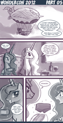 Size: 600x1163 | Tagged: safe, artist:johnjoseco, princess celestia, princess luna, alicorn, pony, airship, ask princess molestia, comic, duo, duo female, female, mare, monochrome, princess molestia, sitting, wondercon 2012