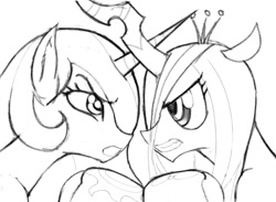 Size: 960x704 | Tagged: safe, artist:pugilismx, princess celestia, queen chrysalis, alicorn, changeling, changeling queen, pony, boxing, boxing gloves, eye contact, female, gritted teeth, looking at each other, mare, monochrome