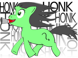 Size: 1918x1435 | Tagged: safe, artist:zenco, oc, oc only, oc:anon filly, earth pony, pony, bulb horn, female, filly, floppy ears, happy, honk, honk honk, mouth hold, open mouth, running, simple background, smiling, solo, transparent background, windswept mane