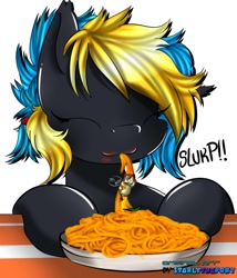 Size: 1097x1280 | Tagged: safe, artist:starlythepony, oc, oc only, oc:midnight eclipse, oc:starly, pony, unicorn, eating, eyes closed, female, fetish, food, imminent vore, micro, pasta, pony as food, size difference, spaghetti