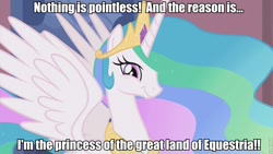 Size: 853x480 | Tagged: safe, edit, edited screencap, screencap, princess celestia, alicorn, pony, the return of harmony, female, image macro, mare, metal wolf chaos, princess, solo