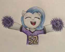 Size: 1024x820 | Tagged: safe, artist:ekakichan, oc, oc only, oc:melody keys, pony, american football, baltimore ravens, cheerleader, female, mare, nfl, solo, traditional art