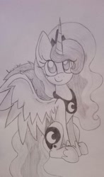 Size: 710x1208 | Tagged: safe, artist:envygirl95, princess luna, alicorn, pony, monochrome, pencil drawing, sitting, smiling, solo, traditional art