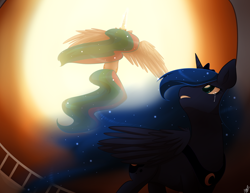 Size: 900x695 | Tagged: safe, artist:mylittlesheepy, princess celestia, princess luna, alicorn, pony, backlighting, balcony, crying, duo, duo female, female, looking back, mare, sisters