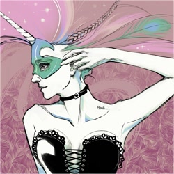 Size: 1000x1000 | Tagged: safe, artist:chio-kami, princess celestia, human, abstract background, armpits, clothes, corset, female, horned humanization, humanized, mask, profile, solo