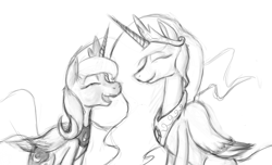 Size: 1183x717 | Tagged: safe, artist:enma-darei, princess celestia, princess luna, alicorn, pony, duo, duo female, eyes closed, female, happy, mare, monochrome, sketch, smiling