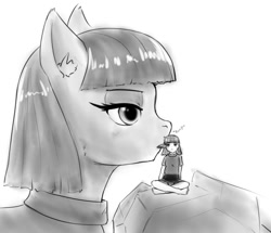 Size: 1015x872 | Tagged: safe, artist:alloyrabbit, maud pie, anthro, human, pony, anthro with ponies, giant pony, human ponidox, humanized, licking, macro, monochrome, size difference, tongue out