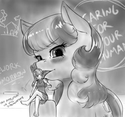 Size: 1052x986 | Tagged: safe, artist:alloyrabbit, cheerilee, earth pony, human, pony, blushing, chalkboard, dialogue, female, human ponidox, humanized, licking, macro, mare, monochrome, size difference, tongue out