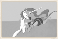 Size: 1848x1246 | Tagged: safe, artist:enma-darei, princess celestia, twilight sparkle, alicorn, pony, unicorn, cuddling, cute, cutelestia, duo, duo female, eyes closed, female, floppy ears, grayscale, happy, long horn, mare, momlestia, monochrome, nuzzling, prone, smiling