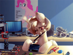 Size: 1600x1200 | Tagged: safe, artist:hardbrony, pinkie pie, oc, oc only, earth pony, pony, 3d printer, arduino, computer, electronics, monitor, mouth hold, pinkie pie is watching you, pliers, poster, russian, soldering iron, solo, tape, wires