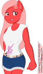 Size: 2500x4294 | Tagged: safe, artist:alexdemitri, artist:arifproject, oc, oc only, oc:downvote, anthro, collaboration, absurd resolution, clothes, derpibooru, derpibooru ponified, hairclip, meta, ponified, shorts, simple background, smiling, solo, tanktop, transparent background