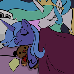 Size: 945x945 | Tagged: safe, artist:megasweet, artist:moongazeponies, princess celestia, princess luna, alicorn, pony, bed, duo, eyes closed, female, mare, mouth hold, s1 luna, sisters, sleeping, teddy bear, tucking in