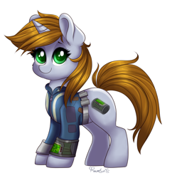 Size: 1920x1930 | Tagged: safe, artist:confetticakez, oc, oc only, oc:littlepip, pony, unicorn, fallout equestria, clothes, cute, cutie mark, fanfic, fanfic art, female, hooves, horn, looking at you, mare, ocbetes, pipbuck, simple background, smiling, solo, vault suit, white background