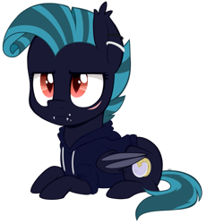 Size: 859x929 | Tagged: safe, artist:higglytownhero, oc, oc only, oc:midnight chastise, bat pony, pony, chibi, clothes, colored pupils, ear piercing, eye scar, fangs, grump bat, grumpy, hoodie, lip piercing, looking at you, lying down, piercing, prone, scar, simple background, solo, transparent background