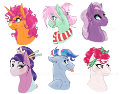 Size: 1500x1160 | Tagged: safe, artist:legally-psychotic, kimono, minty, shenanigans (character), sparkleworks, strawberry swirl, wysteria, pony, g3, bust, clothes, portrait, scarf, tongue out