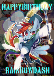 Size: 2507x3541 | Tagged: safe, artist:setoya, rainbow dash, pegasus, pony, baton, clothes, colored pupils, featureless crotch, happy birthday, hat, pixiv, rainbow dash day, socks, solo, thigh highs